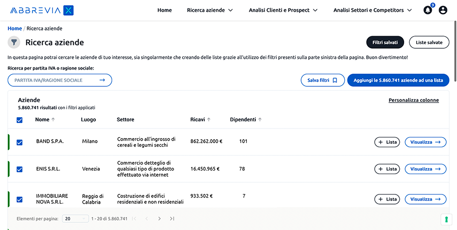 Schermata di ricerca aziende di Abbrevia X