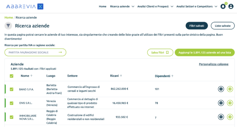 Anteprima della sezione di ricerca della piattaforma di lead generation Abbrevia X